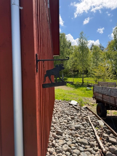 Fasaden vid Knäckkokeriet med älg i naturmiljö